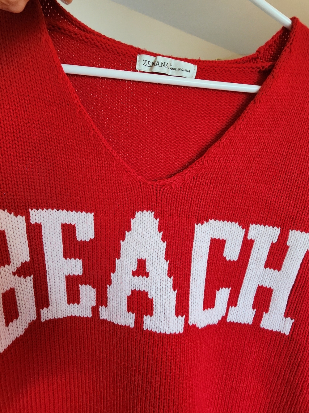 NEW Zenana Outfitters Red V-Neck 'BEACH' Sweater. - Picture 6 of 15